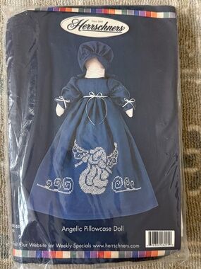 Angelic Needlepoint Cross-stitch Pillowcase Doll Kit by Herrschners Blue